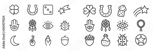 Variety of simple symbols representing luck, nature, and mysticism arranged in a grid pattern on a white background