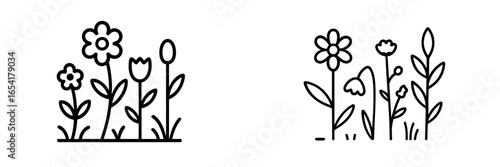 Illustration of a vibrant flower garden with various types of flowers and green stems in a serene outdoor setting during springtime