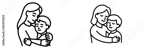 Mother and child embracing in a warm moment of affection in a simple line art style