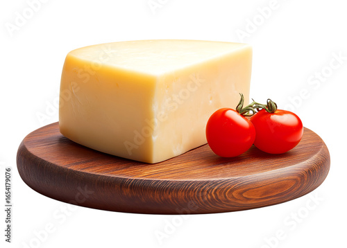 Delicious Cheese Block and Fresh Cherry Tomatoes on Rustic Wooden Board isolated on a transparent background
