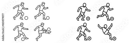 Various soccer player illustrations showcasing dribbling, kicking, and trick moves on a plain background