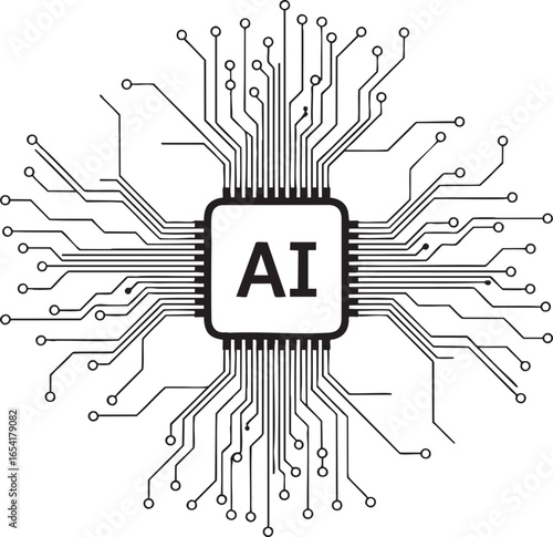 AI microchip illustration vector — central chip with “AI” text and radiating circuitry lines symbolizing artificial intelligence and digital connectivity