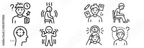 Exploring anxiety through simple line art illustrations depicting feelings and physical reactions in various scenarios