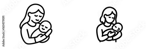 Illustration of a mother holding her baby in a nurturing embrace during a calm moment at home in the early afternoon hours