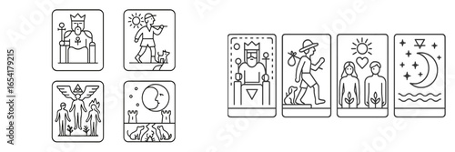 Exploration of ancient symbols and storytelling through illustrated cards representing various archetypes and elements of nature