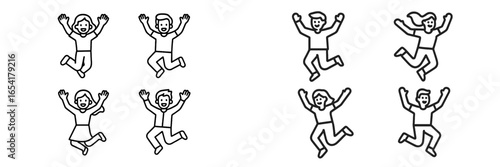 Groups of joyful people jumping with excitement in a fun, playful environment during a festive celebration