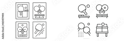 Illustrations depicting table tennis activities and equipment in a minimalistic style with focus on gameplay fundamentals