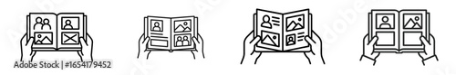 Illustration showing hands holding open books with various layouts, showcasing images and designs in a creative setting