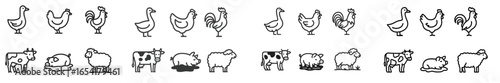 Farm animals illustrated with simple designs showcasing various breeds and types in a row