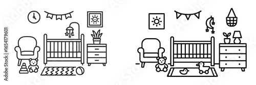 Side by side comparison of two minimalist nursery designs showcasing toys and decor elements