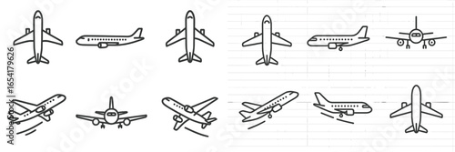 Hand-drawn illustrations of various airplanes in different flight scenarios on lined paper background