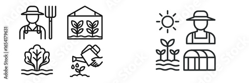 Farming activities and gardening practices illustrated with icons showcasing plant care and cultivation techniques