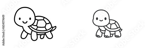 Two cute cartoon turtles smiling, showcasing a playful design and friendly characteristics in a simple art style