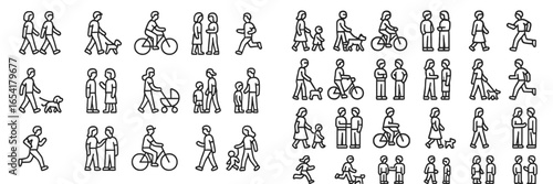 Simple line drawings of people engaging in various activities in a public space during daytime