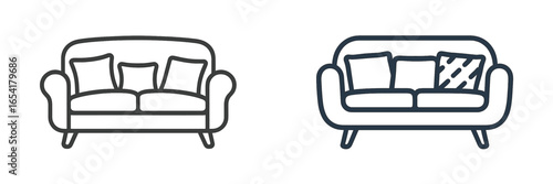 Modern sofa design showcasing two styles with contrasting cushion arrangements and lines for stylish interior decorating ideas