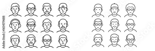 Variety of male character illustrations showcasing diverse hairstyles and accessories in a simple line art style