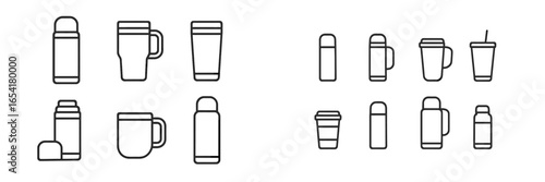 Various types of drinkware including thermoses, mugs, and disposable cups displayed on a clean background