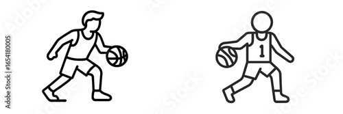 Two players dribbling basketballs in a minimalistic design showcasing athleticism and sport spirit