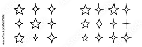 Various star and sparkle designs in black and white illustrating different shapes and forms