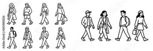 Diverse group of people walking along a city street during a sunny day in a modern urban area