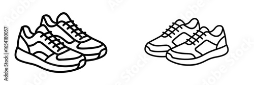 Two pairs of outline sneakers displayed side by side in a minimalist style, showcasing different designs and details