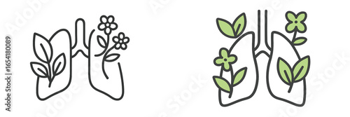 Symbolic representation of lungs intertwined with plants illustrating the connection between nature and health in a minimalist style