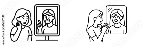 Expressive women react to reflections in mirrors during an introspective moment at home in the evening