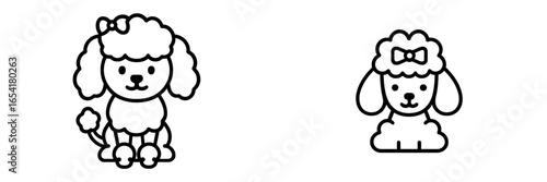 Cute cartoon poodles with bows in a simple black and white design suitable for kids and pet lovers