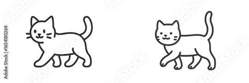Two playful cats walking together on a simple background during daytime, showcasing their curious and lively nature in a minimalistic style