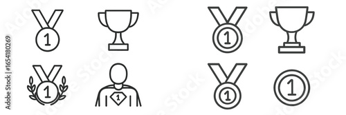 Varied awards and trophies icons in simple line design showcasing achievement, competition, and success