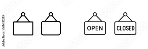 Open and closed signs show store status and hours of operation for businesses in various locations