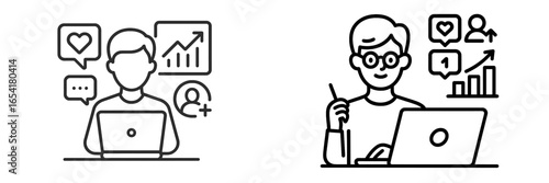 Two individuals engaging in online activities showcasing digital communication and data analysis in a modern workspace