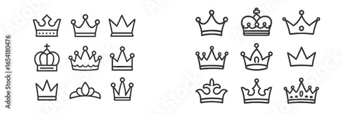 Various crown designs showcasing royal symbols and elegance in a minimalist style on a neutral background