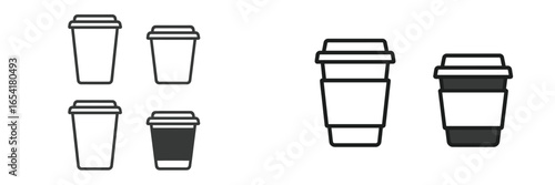 Various designs of disposable coffee cups showing different styles and features in a simple layout