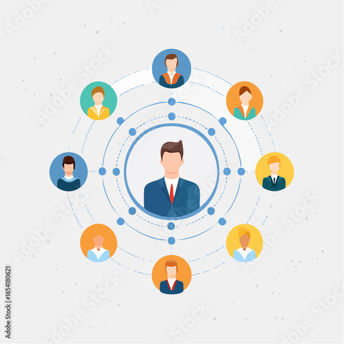 Abstract circular network of avatars connected with dotted lines, symbolizing conference call and teamwork. Clean flat corporate design for business use.