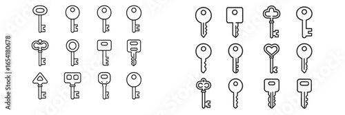 Different designs of keys showcased in a simple illustration that highlights various shapes and styles in black and white