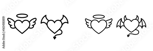 Symbols of love and conflict represented by heart designs with angel and devil motifs shown in contrasting styles