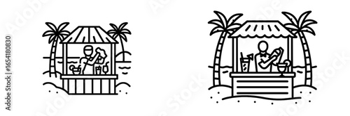 Tropical beach bar with bartender preparing cocktails under palm trees during sunny day
