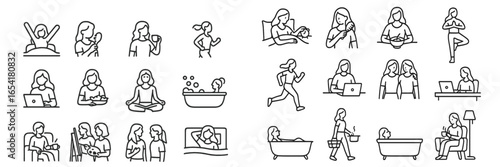 Wellness activities and self-care routines for women captured in minimalist line art style