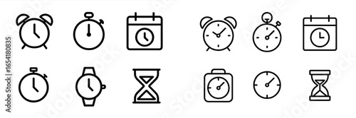 Twelve different clock and timer icons illustrating various timekeeping devices and concepts in a minimalist design style