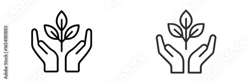 Hands holding a small plant representing care for nature and environmental sustainability in a simple design