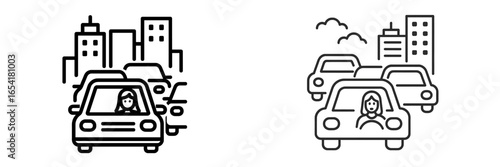 Urban traffic congestion during rush hour with multiple cars and buildings in the background