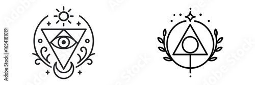 Symbols of mysticism featuring geometric shapes and spiritual elements on a light background