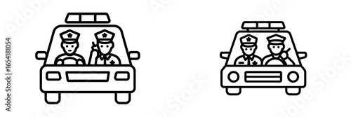 Illustration of police officers in a patrol car during daytime duty in a city setting