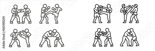 Martial arts training with fighters practicing various techniques in a dojo setting during the day