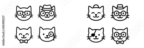 Cute cartoon cats displaying various expressions and accessories in a playful arrangement on a white background