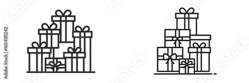 Creative arrangement of gift boxes in black line art style showcasing various sizes and decorative bows during a celebration season