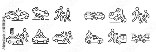 Various illustrations of car accidents and safety precautions in urban settings at different times of day