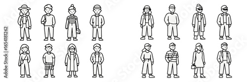Stylized illustrations of diverse characters showcasing various outfits and casual activities in a minimalist design