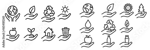 Icons representing environmental conservation and sustainability efforts displayed on hands